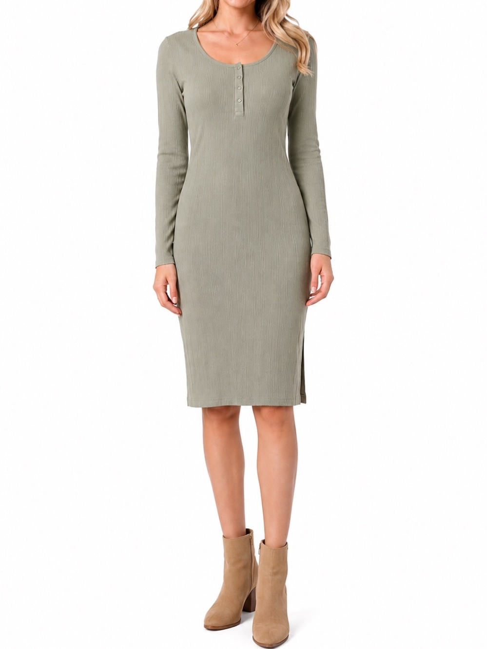 Pact Organic Cotton Ribbed Midi Dress Sage Green Long Sleeve Bodycon Small